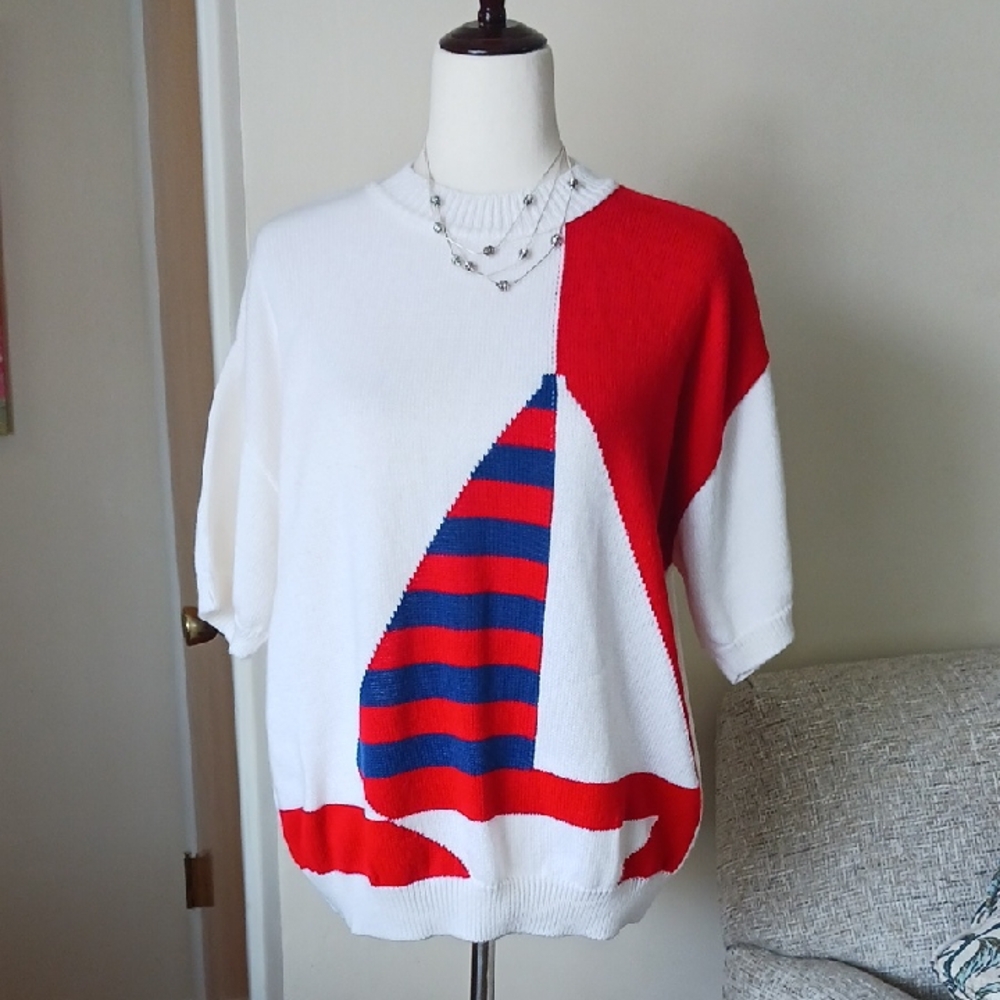 Vintage French Navy Short Sleeve Crew Neck Sweater Sailboat Size 20W **